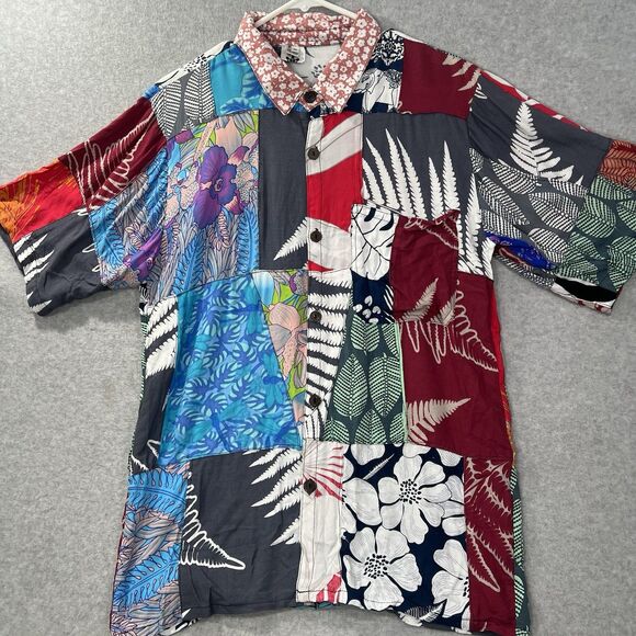 Island Goddess Aloha Hawaiian Button Up Shirt mens Medium Floral Patchwork - Picture 3 of 12